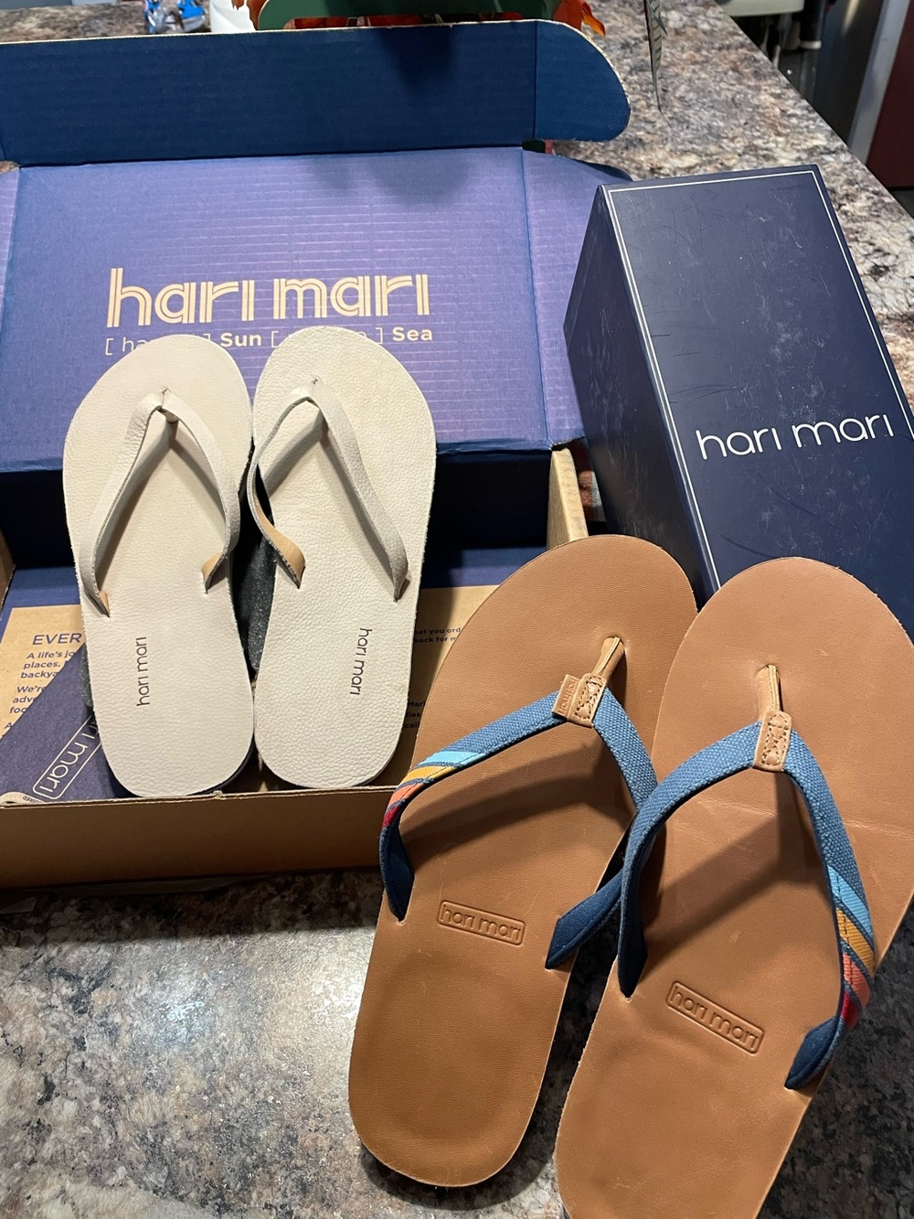 Hari Mari Women’s Two-Pair Sandal Pack — Cream & Brown with Blue Accent